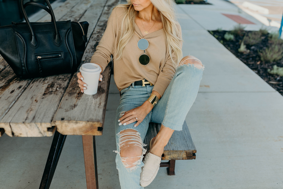 beige sweater, pearl loafers, fall outfit