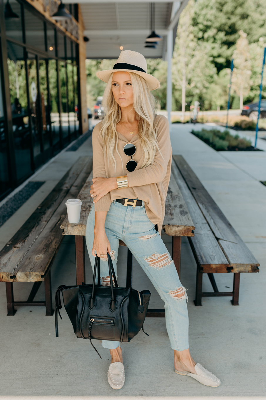 beige loafers outfit