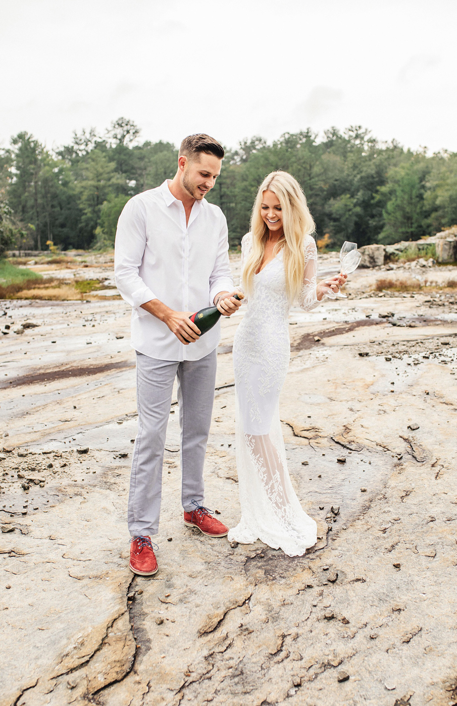 engagement session, champagne, lace gown