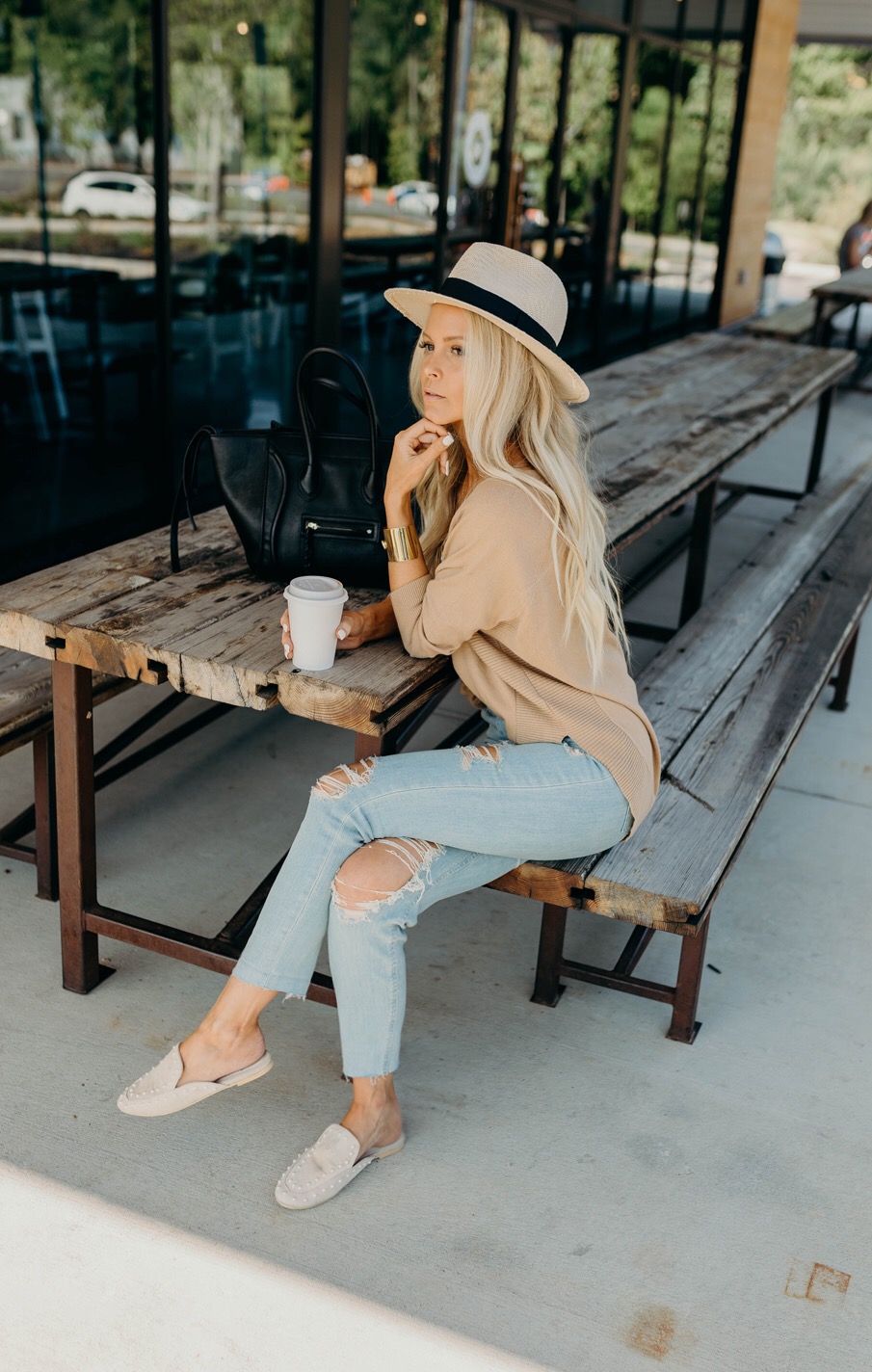 beige sweater, pearl loafers outfit