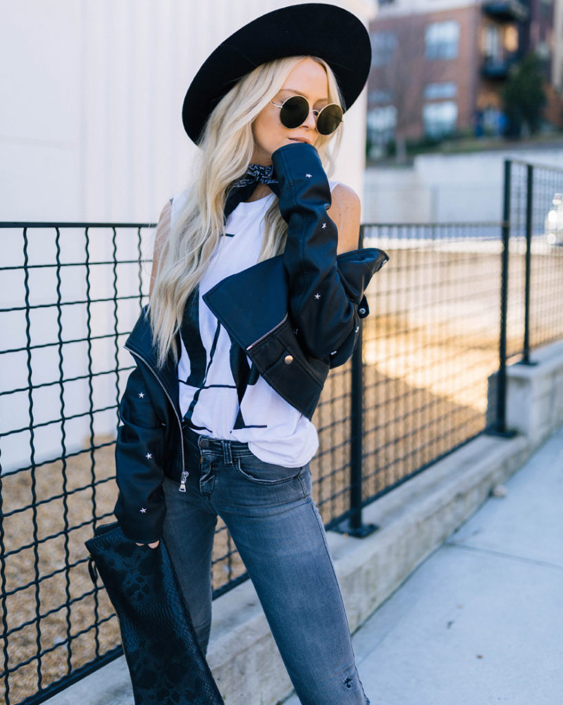 oversized clutch, studded leather jacket