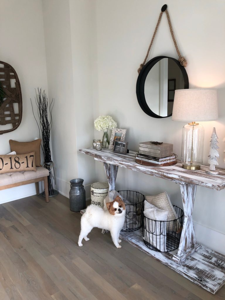 farmhouse entryway table, distressed wood table, furniture hack, farmhouse style, farmhouse table, pomeranian, harrison white, harrison sapp