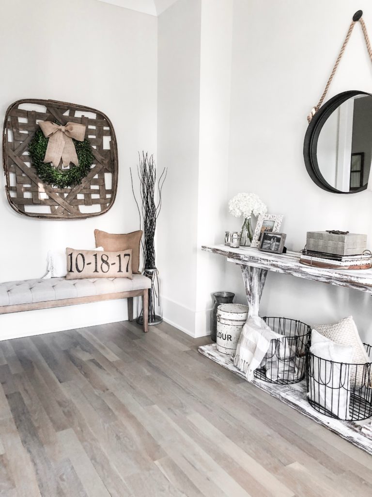 farmhouse entryway table, distressed wood table, furniture hack, farmhouse style, farmhouse table