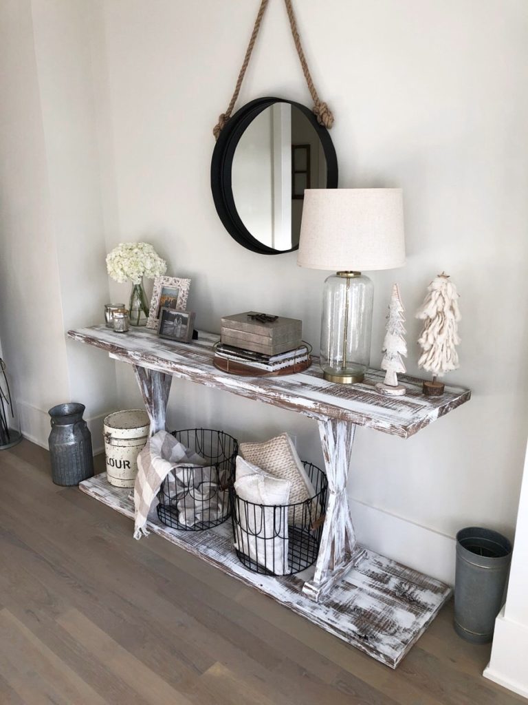 farmhouse entryway table, distressed wood table, furniture hack, farmhouse style, farmhouse table