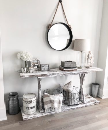 farmhouse entryway table, distressed wood table, furniture hack, farmhouse style, farmhouse table